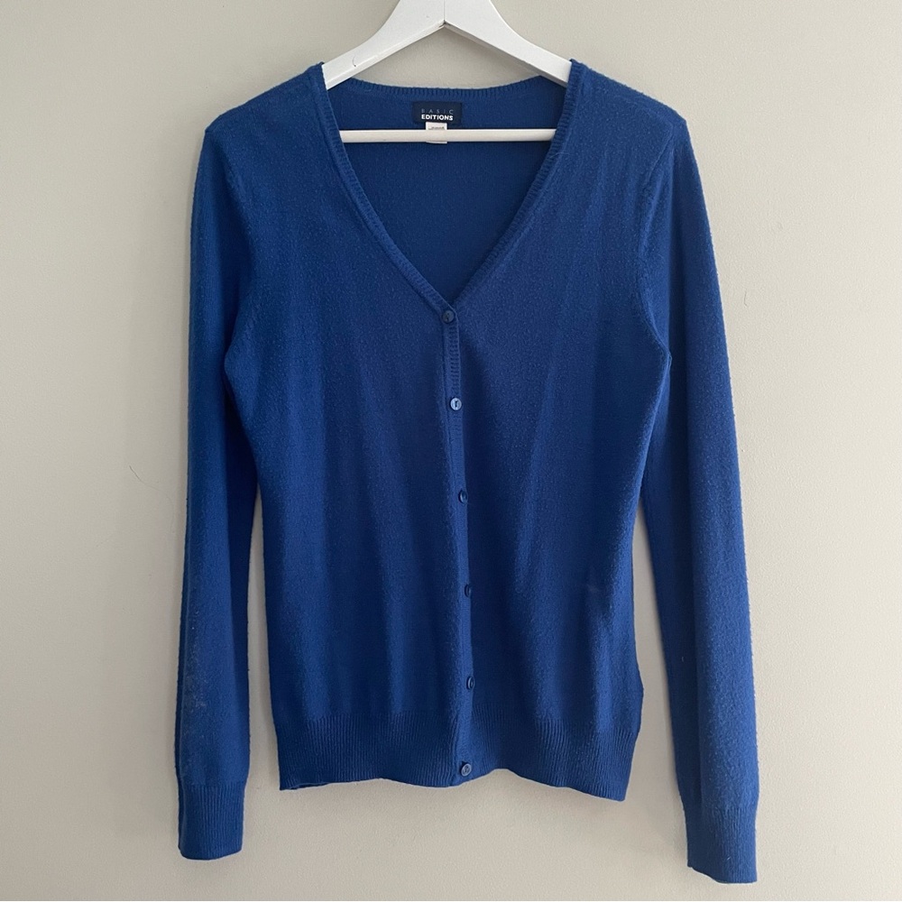5/$25 Basic Editions Blue V-Neck Cardigan Sweater - Medium